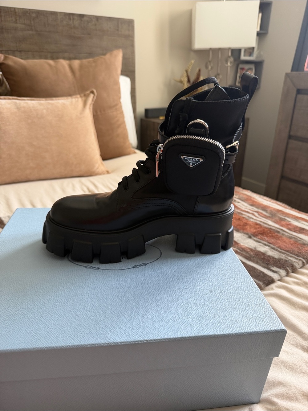 Prada Black Leather Lug-Sole Combat Boot with Detachable Logo Pouch